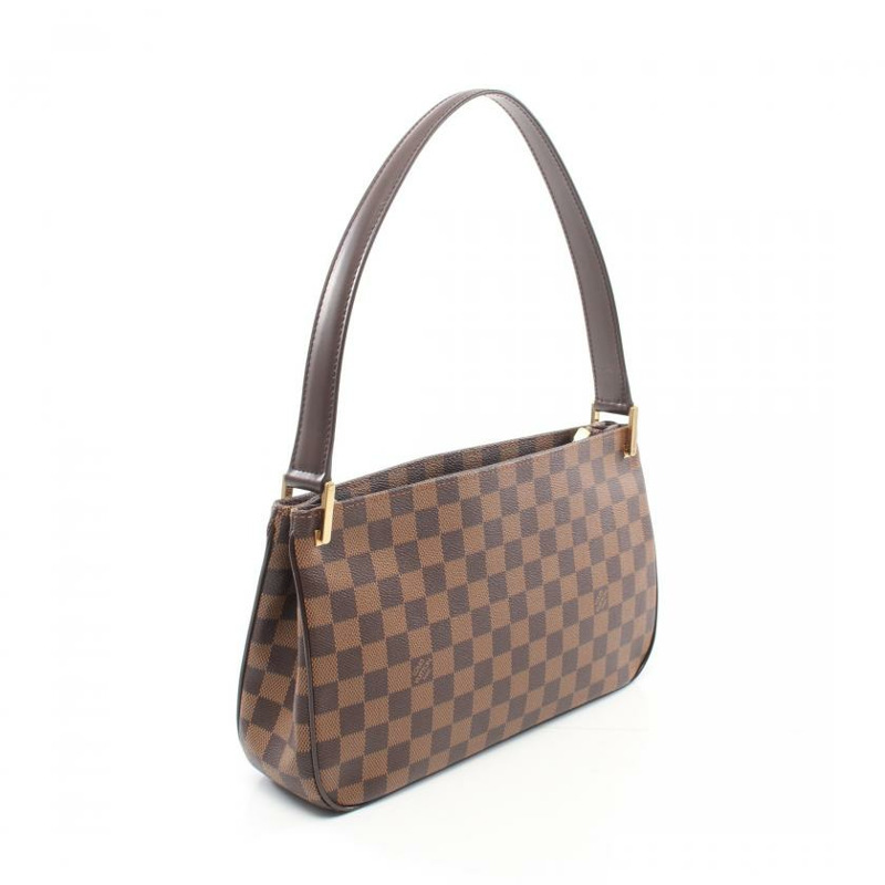 【日本直送】中古LOUIS VUITTON 9成新 Aubagne 烏黑色棋盤格 肩包 PVC 真皮 棕色-1