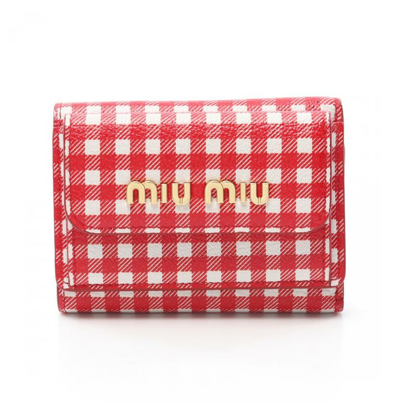 【日本直送】中古miu miu 9成新 MADRAS VICHY 三折錢包 迷你格紋 真皮 紅色 白色-0