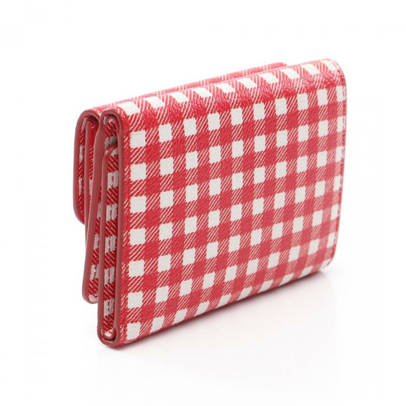 【日本直送】中古miu miu 9成新 MADRAS VICHY 三折錢包 迷你格紋 真皮 紅色 白色-1