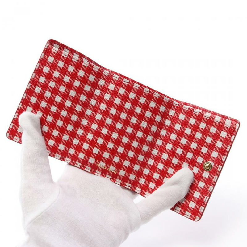 【日本直送】中古miu miu 9成新 MADRAS VICHY 三折錢包 迷你格紋 真皮 紅色 白色-2