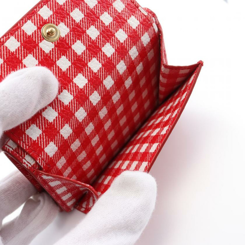 【日本直送】中古miu miu 9成新 MADRAS VICHY 三折錢包 迷你格紋 真皮 紅色 白色-3