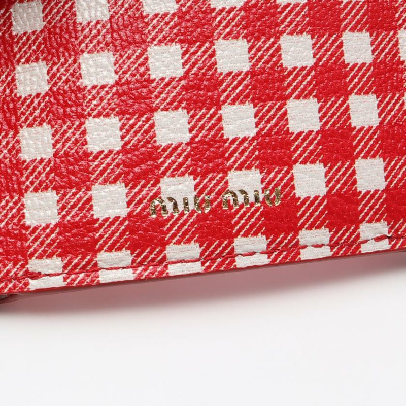 【日本直送】中古miu miu 9成新 MADRAS VICHY 三折錢包 迷你格紋 真皮 紅色 白色-4