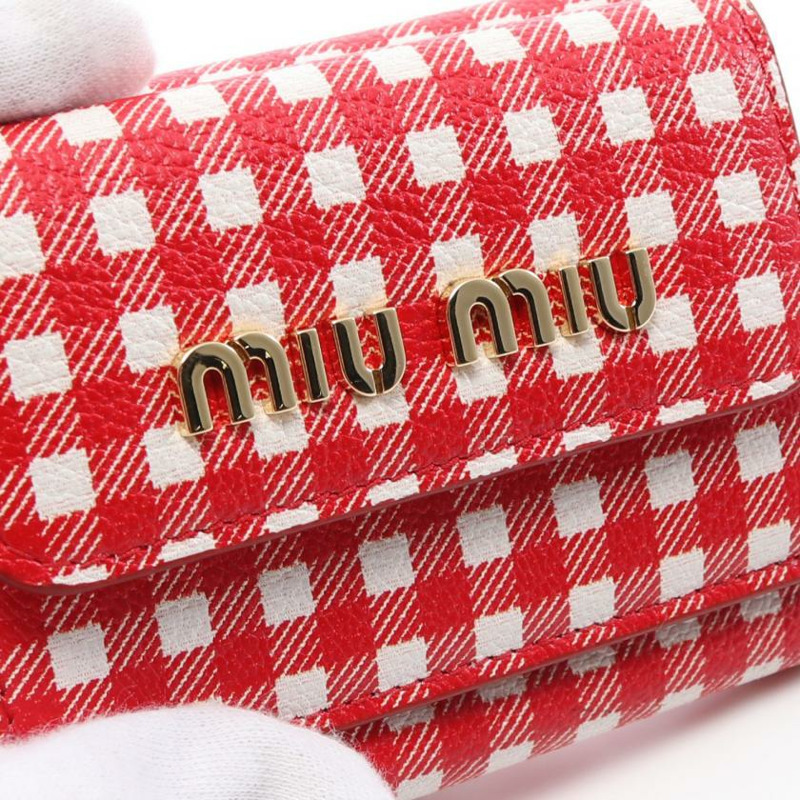 【日本直送】中古miu miu 9成新 MADRAS VICHY 三折錢包 迷你格紋 真皮 紅色 白色-5