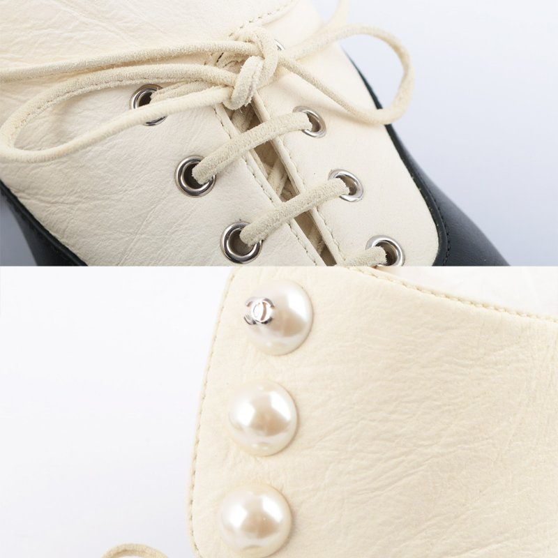 CHANEL 珍珠裝飾綁帶跟鞋(黑色/米白色) (38.5)-5