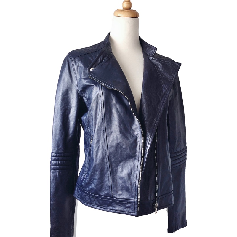 售出-品牌專櫃滲藍色真皮羊皮女皮衣外套皮夾克-0