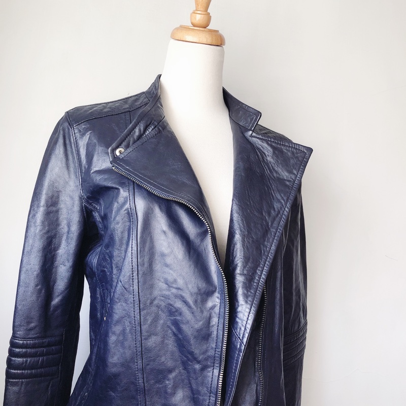 售出-品牌專櫃滲藍色真皮羊皮女皮衣外套皮夾克-1