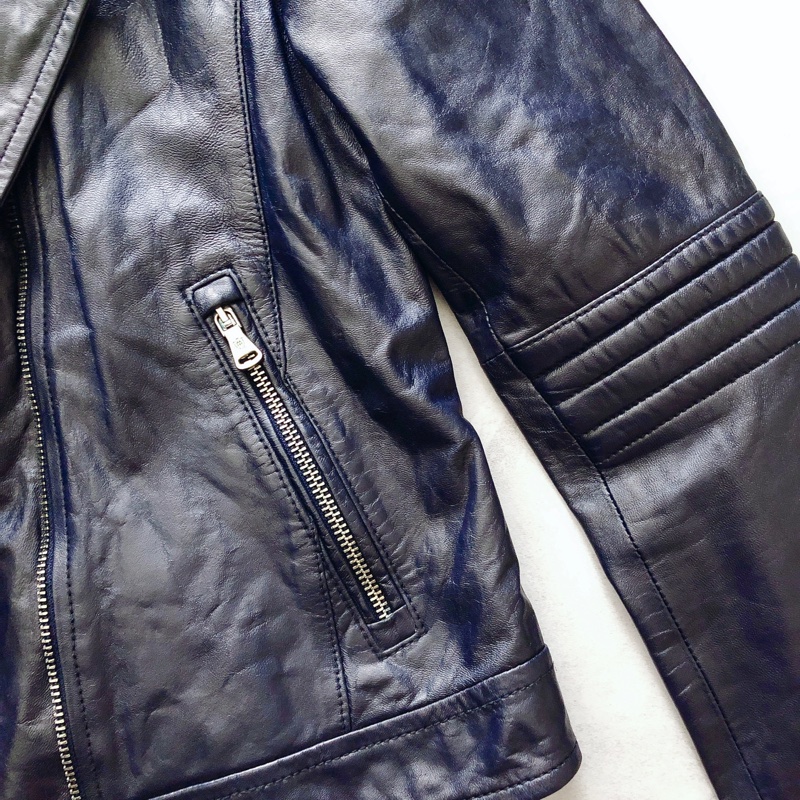 售出-品牌專櫃滲藍色真皮羊皮女皮衣外套皮夾克-3