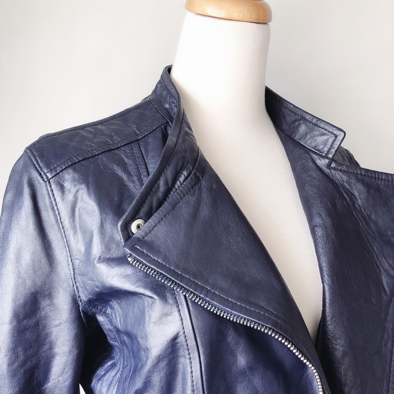 售出-品牌專櫃滲藍色真皮羊皮女皮衣外套皮夾克-4