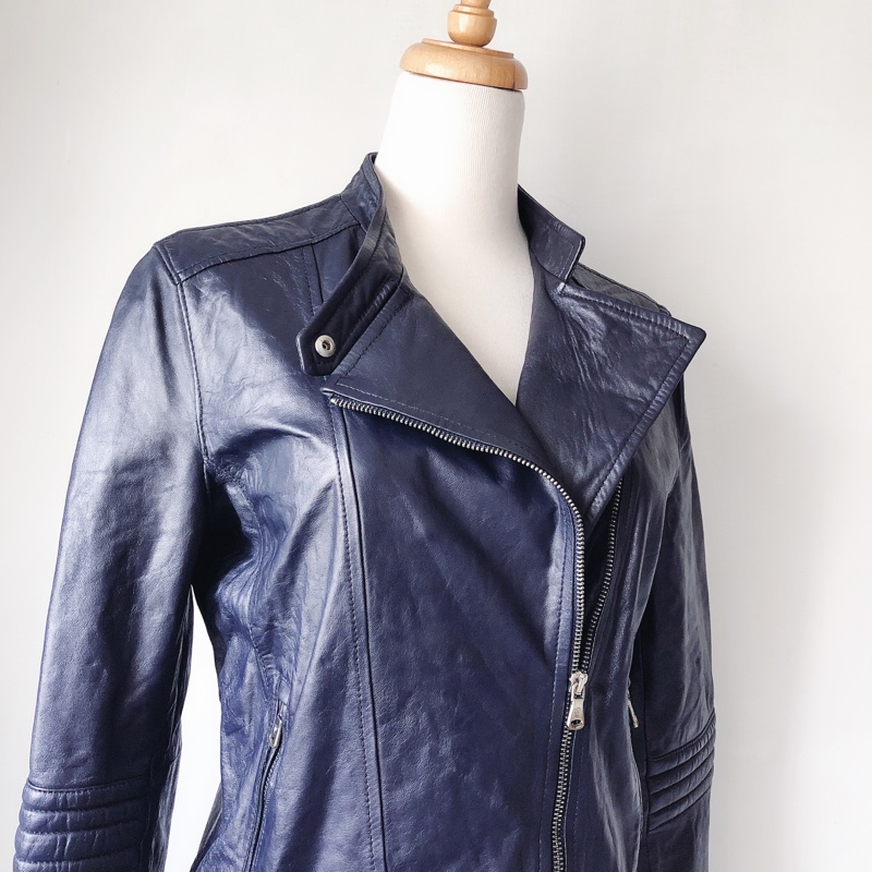 售出-品牌專櫃滲藍色真皮羊皮女皮衣外套皮夾克-5