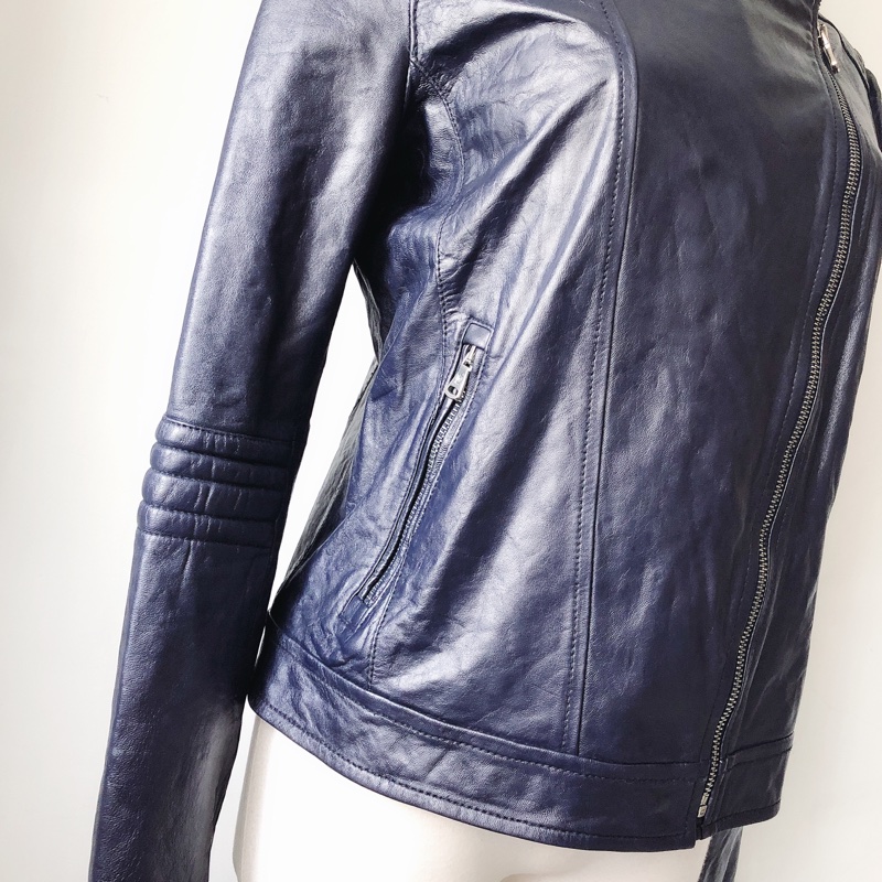 售出-品牌專櫃滲藍色真皮羊皮女皮衣外套皮夾克-6