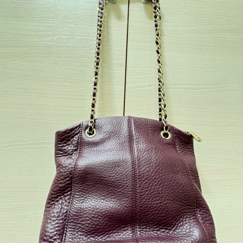 DKNY 酒紅色香奈兒風荔枝牛皮鍊條包-2