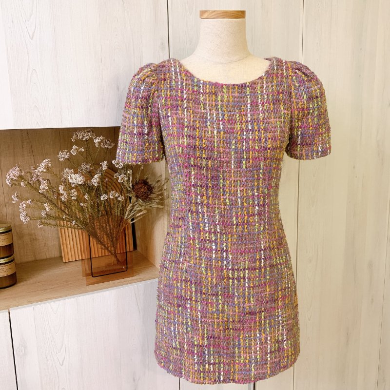 正韓現貨 全新 小香風春日混色毛呢千金芭比公主澎袖短袖洋裝 tweed 尾牙春酒婚禮喜宴-0