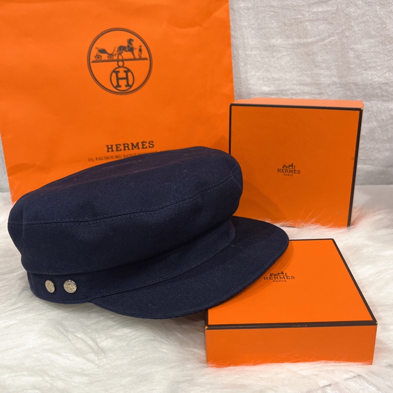 HERMES 藍色布面銀扣報童帽/帽子-0