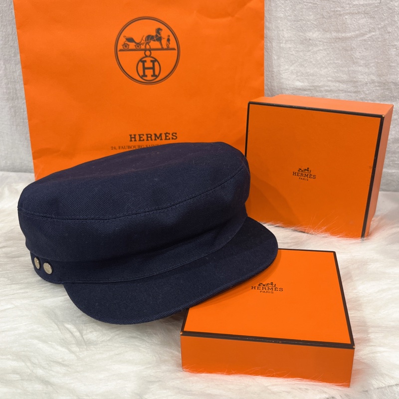 HERMES 藍色布面銀扣報童帽/帽子-1