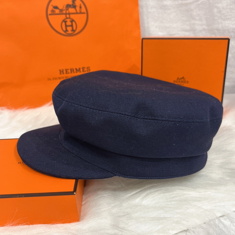 HERMES 藍色布面銀扣報童帽/帽子-2