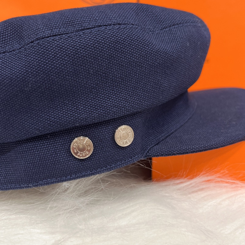 HERMES 藍色布面銀扣報童帽/帽子-3