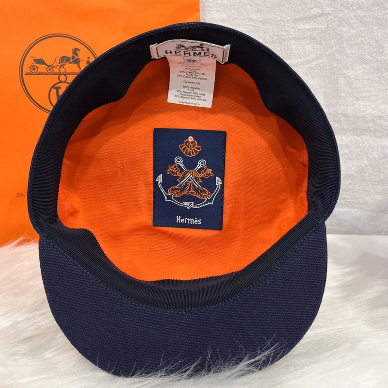 HERMES 藍色布面銀扣報童帽/帽子-4