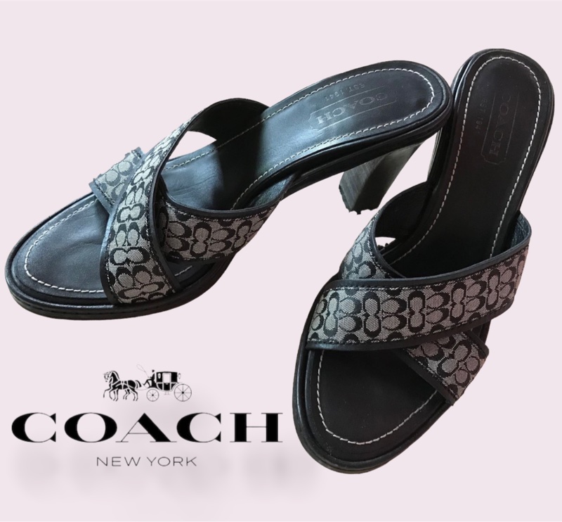 二手私物【COACH】Made in Italy 義大利製高跟涼鞋Mules LOGO 保證真品 黑灰-0