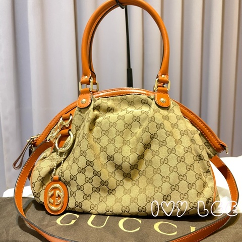 GUCCI 古馳 223974 橘棕GG帆布 2WAY 兩用包 肩背包 手提包 斜背包