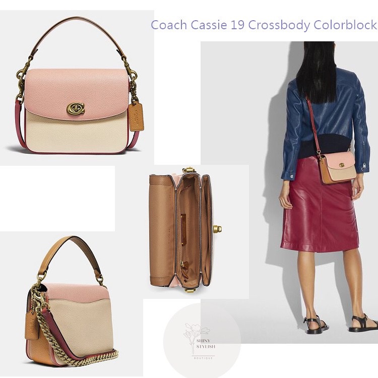 Coach專櫃款 Cassie 19郵差包 撞色粉X奶茶白茘枝皮革款 三用包-0