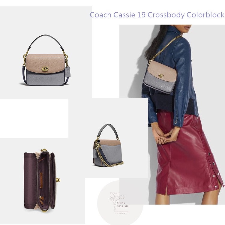Coach專櫃款 Cassie 19郵差包 撞色粉X奶茶白茘枝皮革款 三用包-14