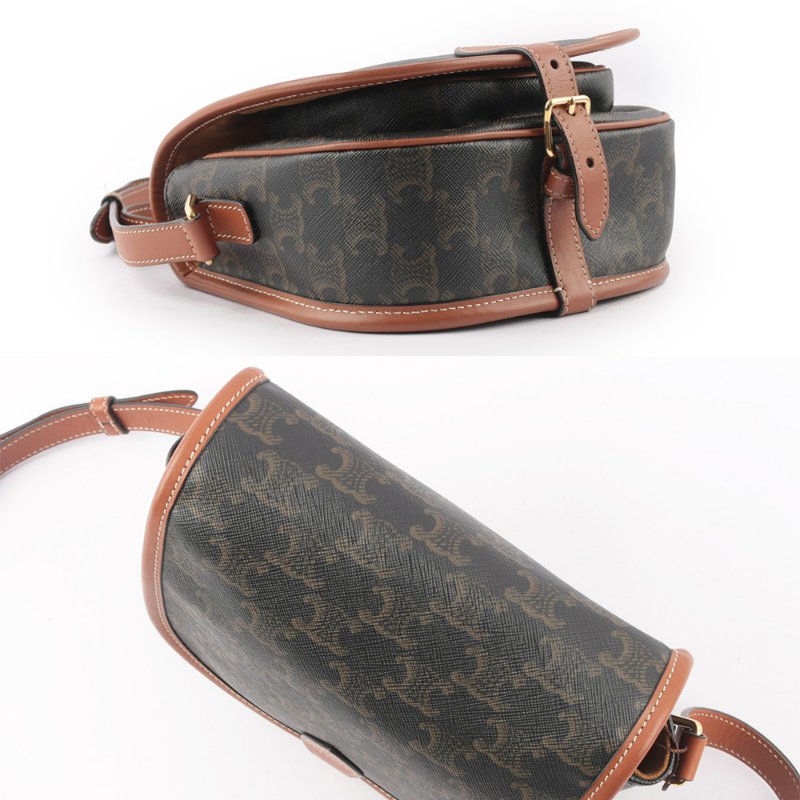 CELINE Folco Triomphe帆布小牛皮飾邊釦式馬鞍包(焦糖色)-5