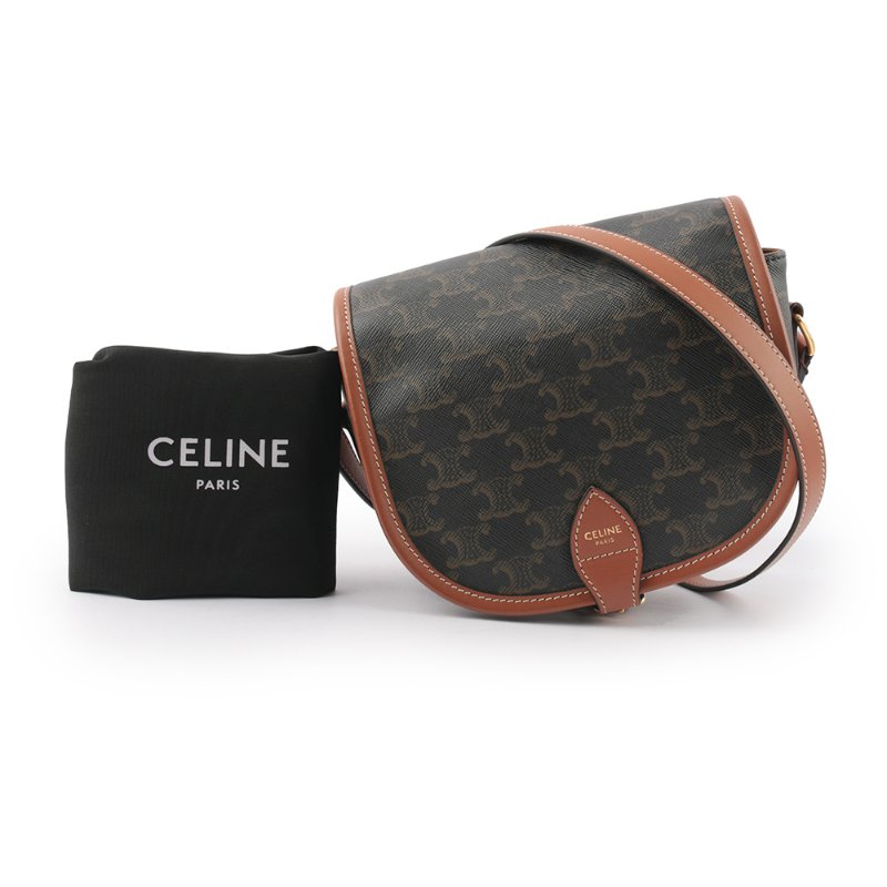 CELINE Folco Triomphe帆布小牛皮飾邊釦式馬鞍包(焦糖色)-7