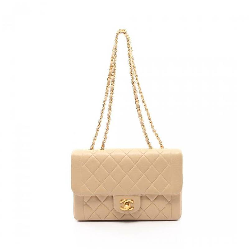 【日本直送】中古CHANEL[B]9新菱格紋 雙鏈條肩包 小羊皮 米色 金色五金-0