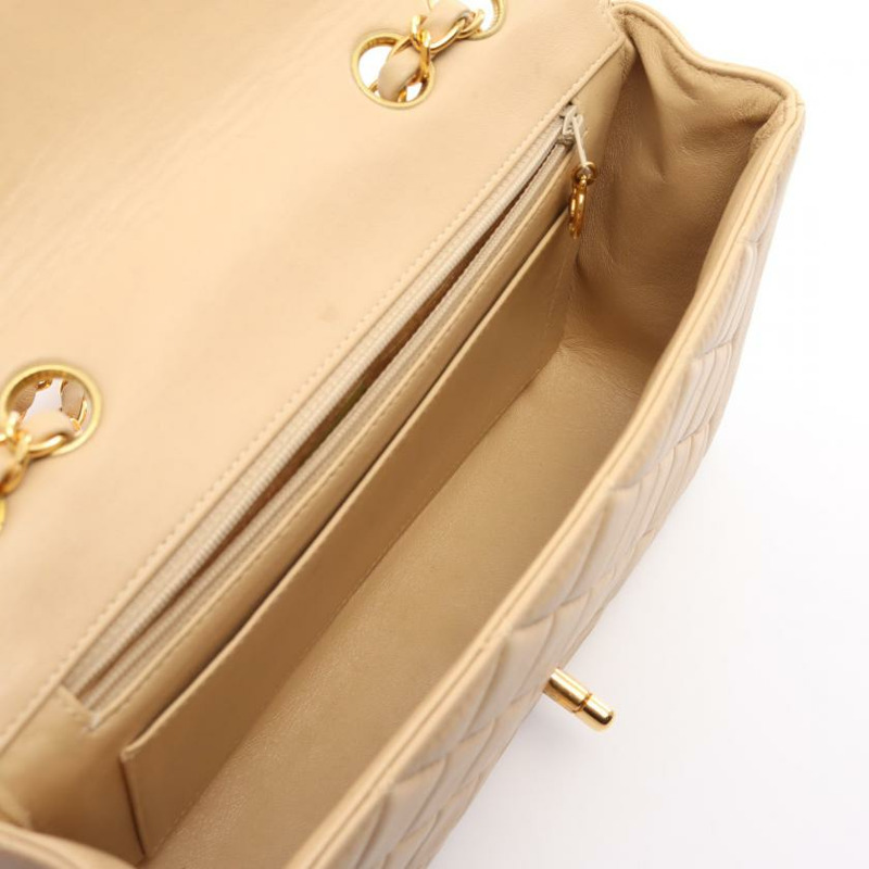 【日本直送】中古CHANEL[B]9新菱格紋 雙鏈條肩包 小羊皮 米色 金色五金-2