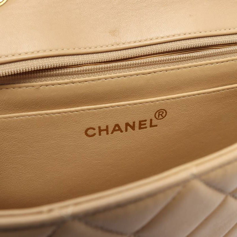 【日本直送】中古CHANEL[B]9新菱格紋 雙鏈條肩包 小羊皮 米色 金色五金-3