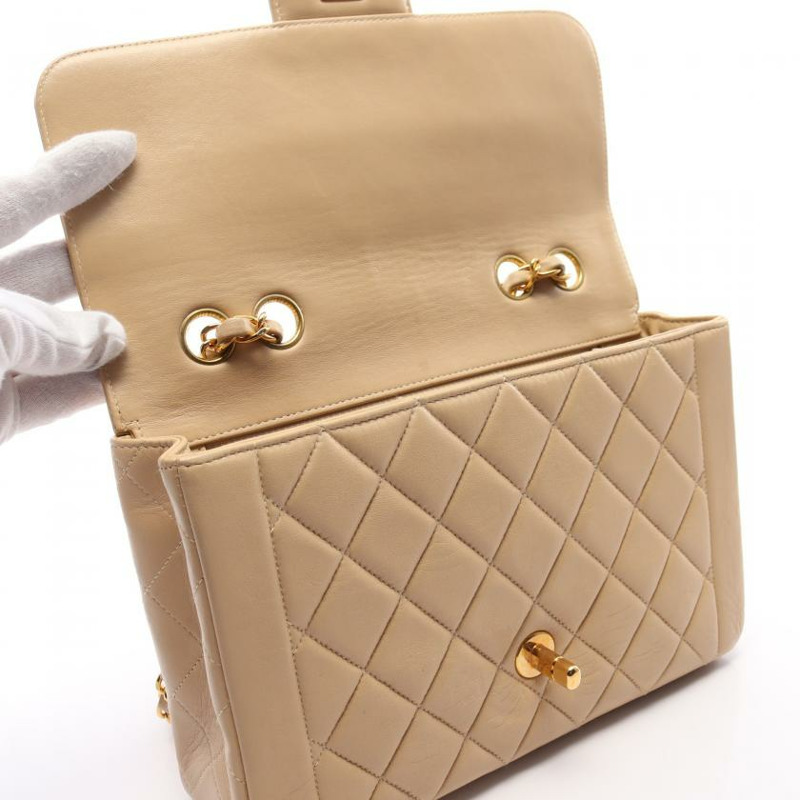 【日本直送】中古CHANEL[B]9新菱格紋 雙鏈條肩包 小羊皮 米色 金色五金-7