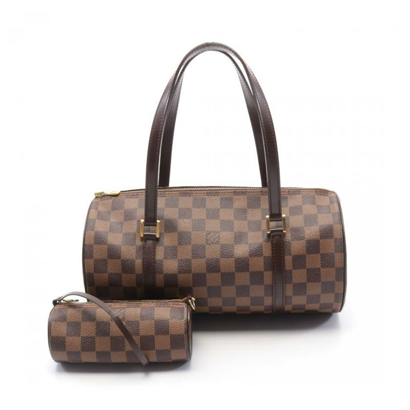 【日本直送】中古LOUIS VUITTON[B]9新Papillon30  烏黑色棋盤格 手提包 PVC 真皮 棕色-0