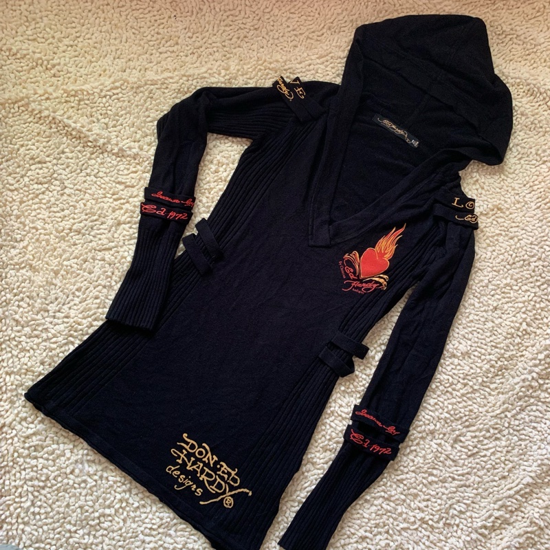 二手私物【Ed Hardy】針織毛衣 長款 好萊塢明星喜愛品牌 保證真品 帶帽毛衣 Hoodie-1
