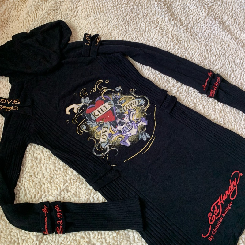 二手私物【Ed Hardy】針織毛衣 長款 好萊塢明星喜愛品牌 保證真品 帶帽毛衣 Hoodie-4