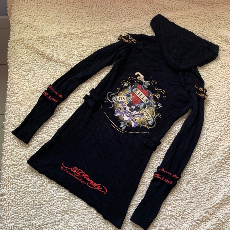 二手私物【Ed Hardy】針織毛衣 長款 好萊塢明星喜愛品牌 保證真品 帶帽毛衣 Hoodie-6