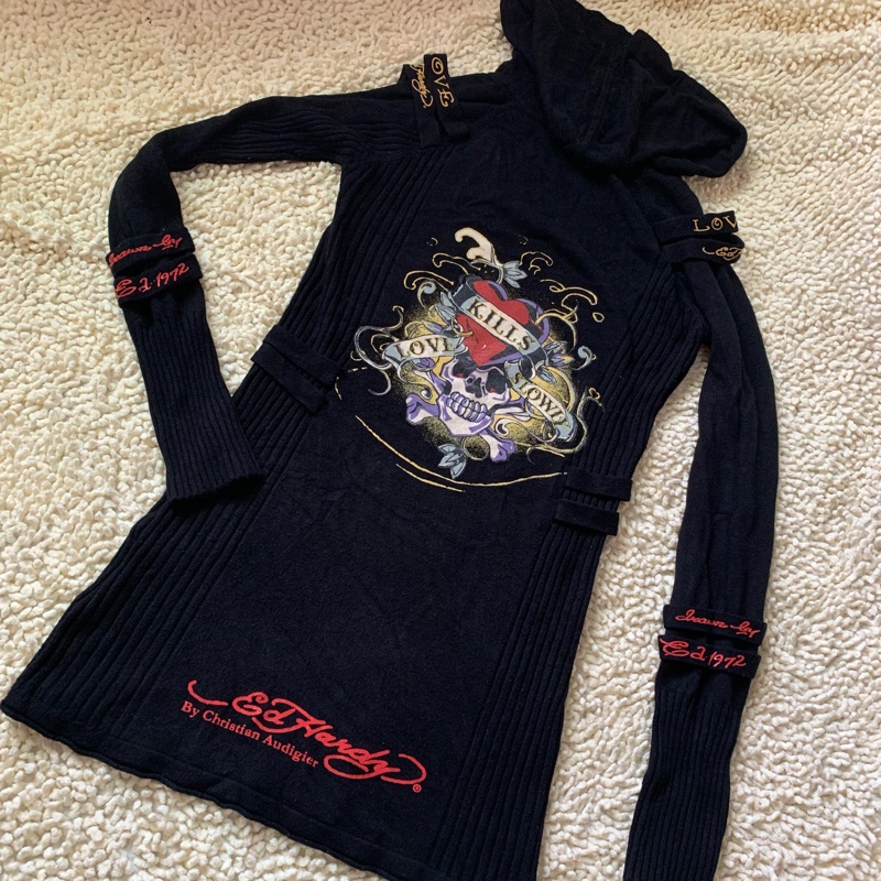 二手私物【Ed Hardy】針織毛衣 長款 好萊塢明星喜愛品牌 保證真品 帶帽毛衣 Hoodie-7