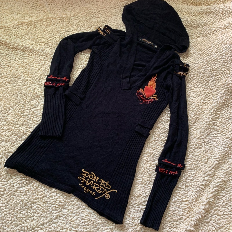 二手私物【Ed Hardy】針織毛衣 長款 好萊塢明星喜愛品牌 保證真品 帶帽毛衣 Hoodie-9