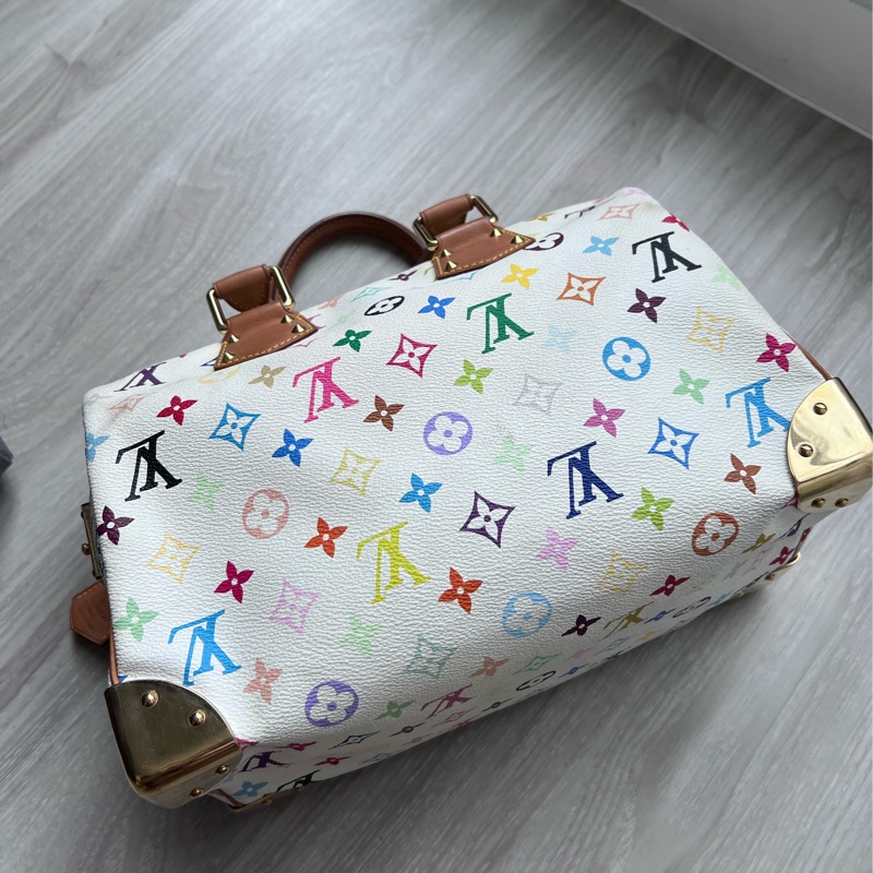 珍藏 LV 絕版 村上隆Multicolore SPEEDY 30手提波士頓包(白彩)-5