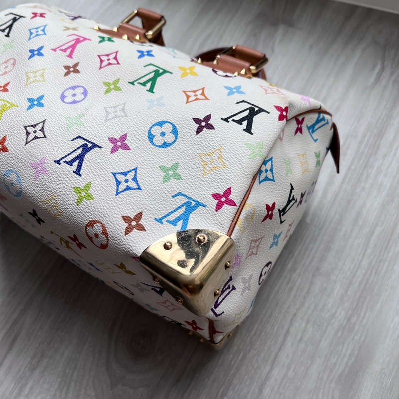 珍藏 LV 絕版 村上隆Multicolore SPEEDY 30手提波士頓包(白彩)-6