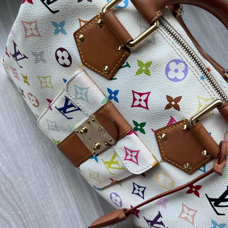 珍藏 LV 絕版 村上隆Multicolore SPEEDY 30手提波士頓包(白彩)-10