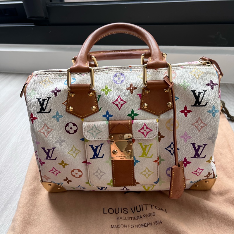 珍藏 LV 絕版 村上隆Multicolore SPEEDY 30手提波士頓包(白彩)-0