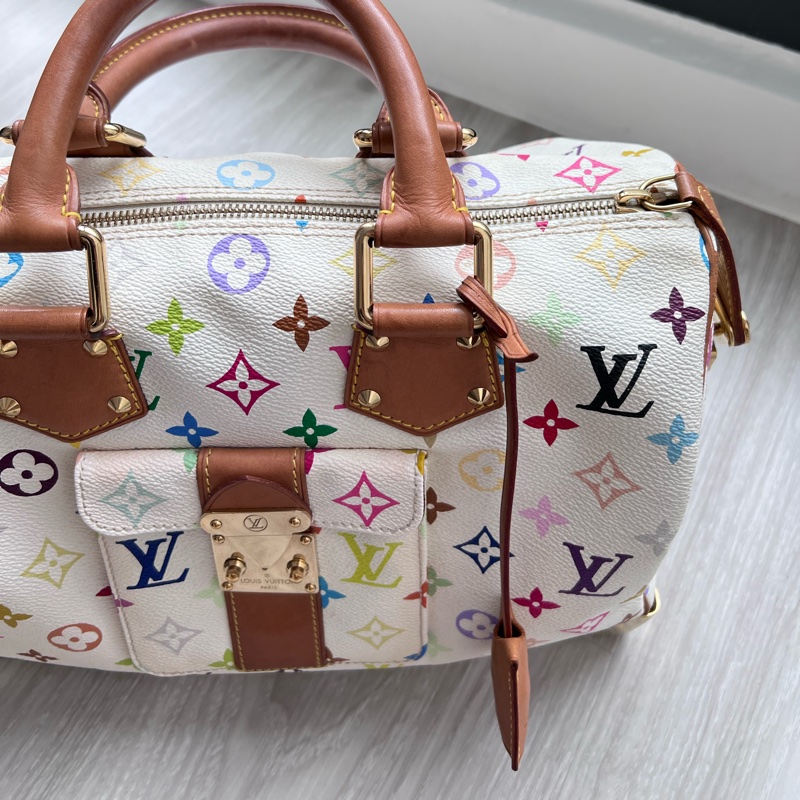 珍藏 LV 絕版 村上隆Multicolore SPEEDY 30手提波士頓包(白彩)-12