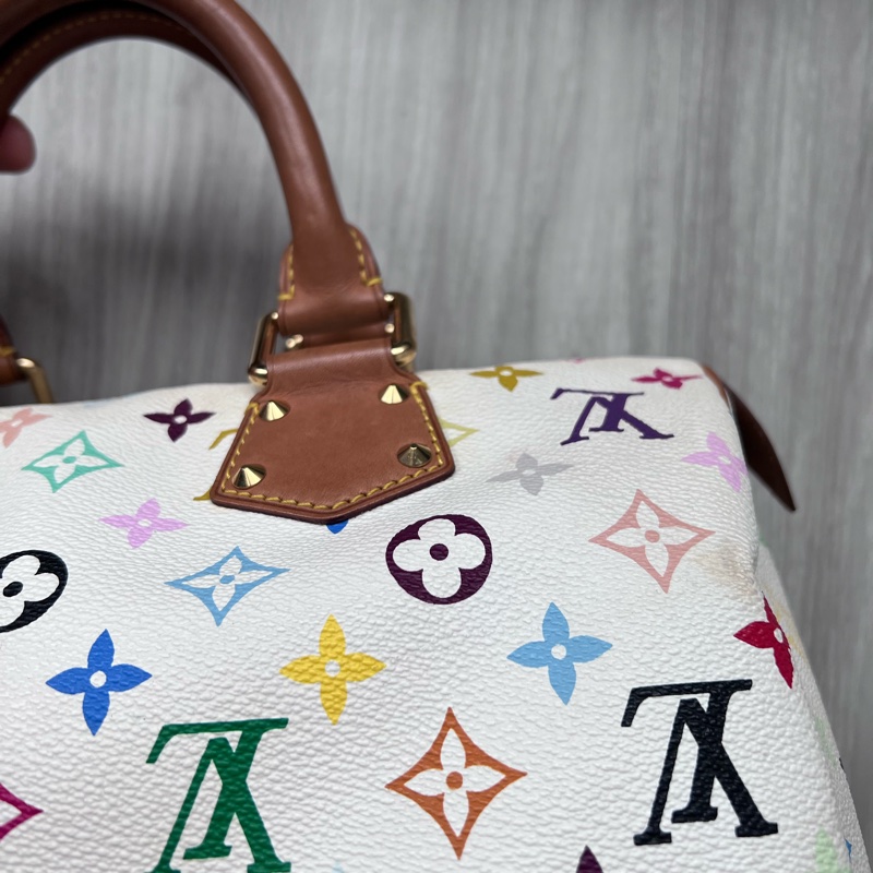 珍藏 LV 絕版 村上隆Multicolore SPEEDY 30手提波士頓包(白彩)-13