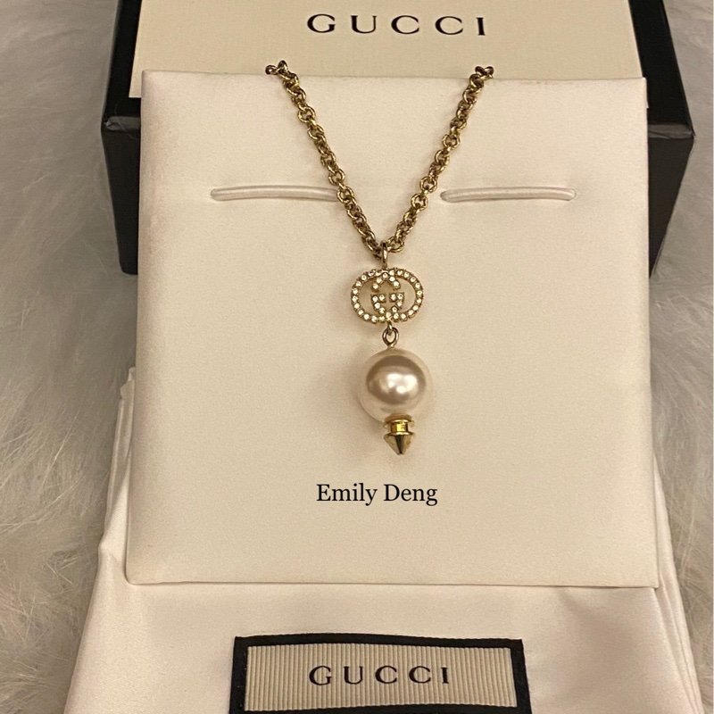 Gucci 雙G水鑽垂墜珍珠 項鍊-0