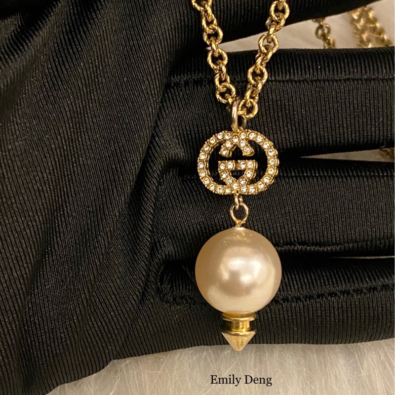 Gucci 雙G水鑽垂墜珍珠 項鍊-2