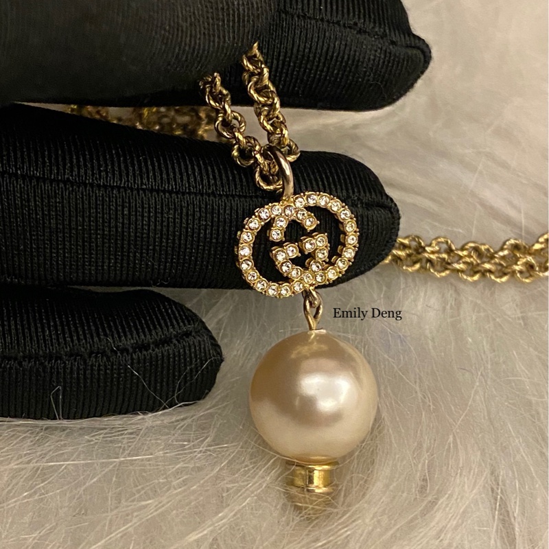 Gucci 雙G水鑽垂墜珍珠 項鍊-5