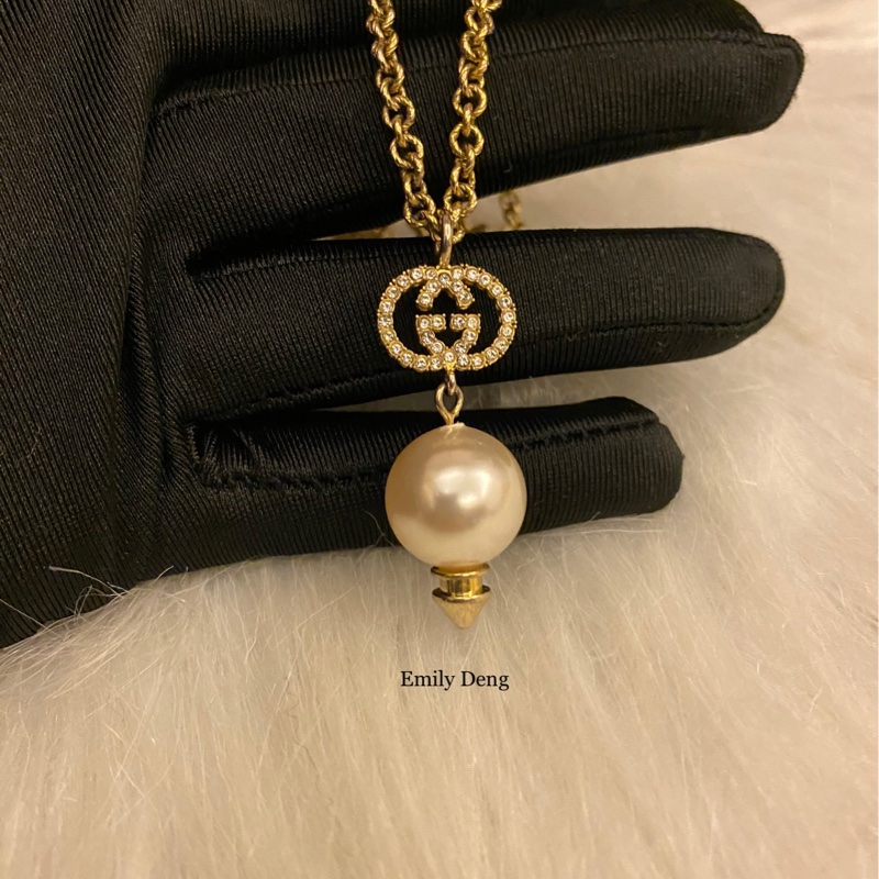 Gucci 雙G水鑽垂墜珍珠 項鍊-6