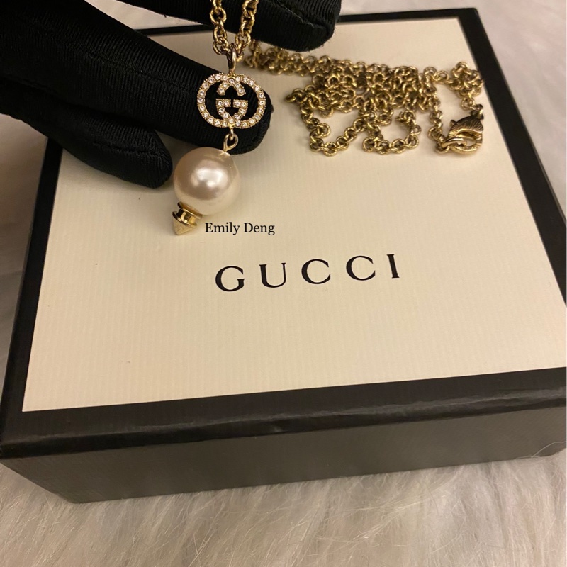 Gucci 雙G水鑽垂墜珍珠 項鍊-8
