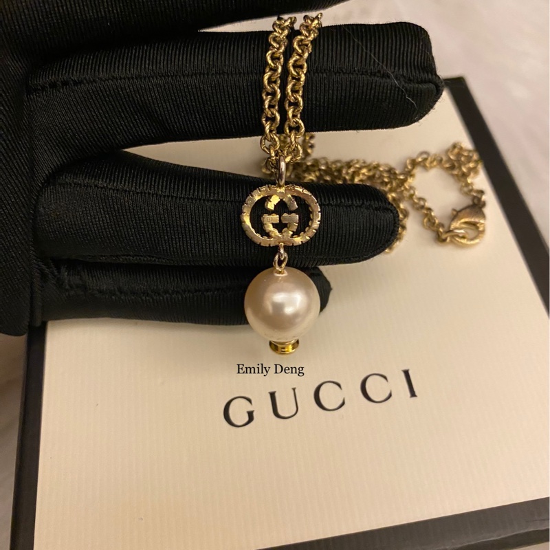 Gucci 雙G水鑽垂墜珍珠 項鍊-9