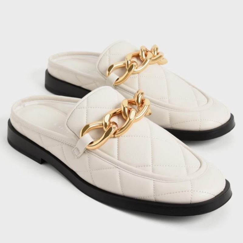 ❤️‍🔥最後出清即將下架❤️‍🔥Charles & Keith菱格紋鍊條穆勒鞋/石灰白41碼-0